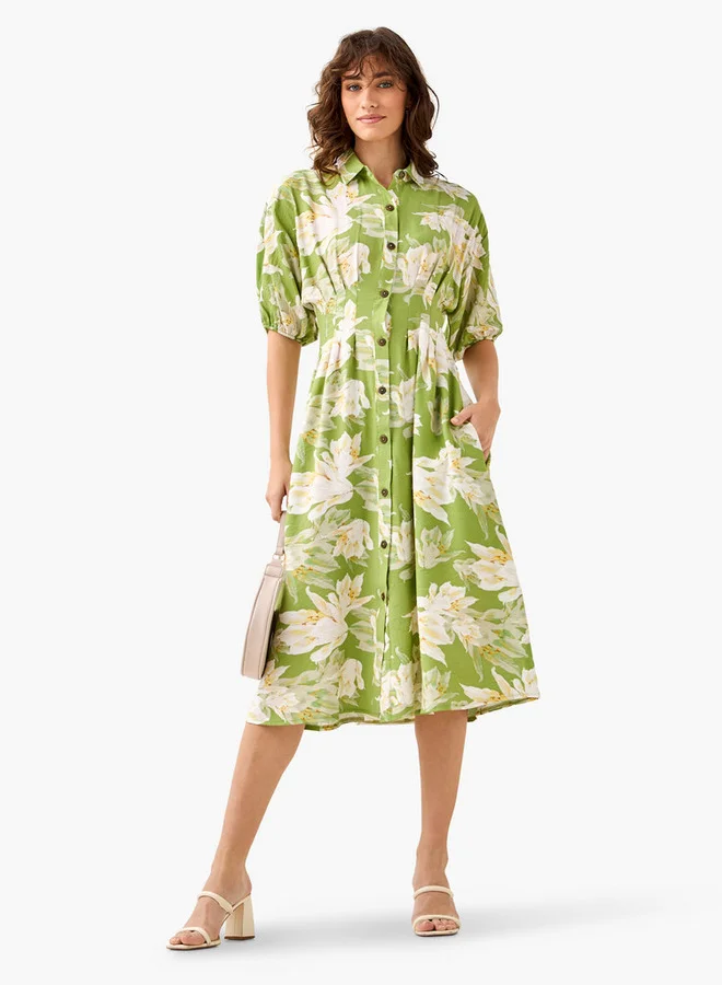 سبلاش فيڤ Floral Print Shirt Style Women Dress with Collar Viscose